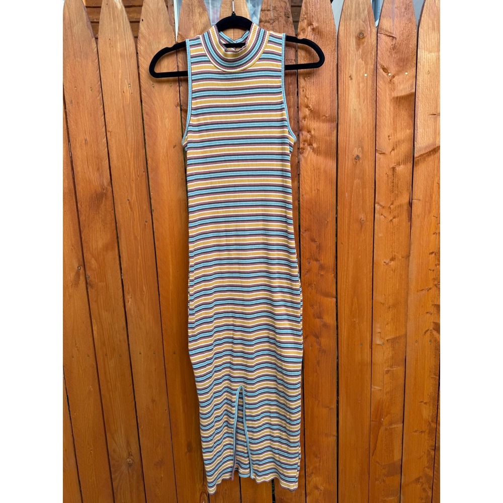 Wild Fable Womens Multi Color Striped Ribbed Mock Neck Sleeveless Midi Dress M